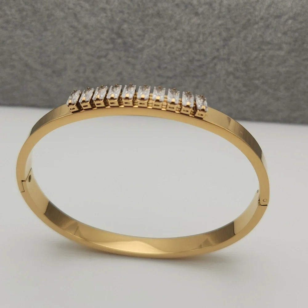 18K Gold Plated Geometric Rectangle Zircon Stone Bangle Bracelet